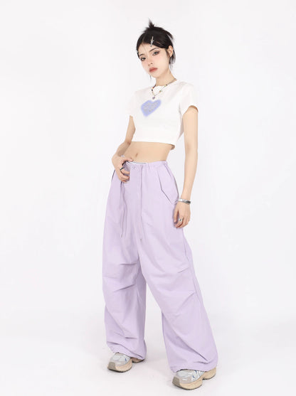 American retro high waist wide straight parachute pants