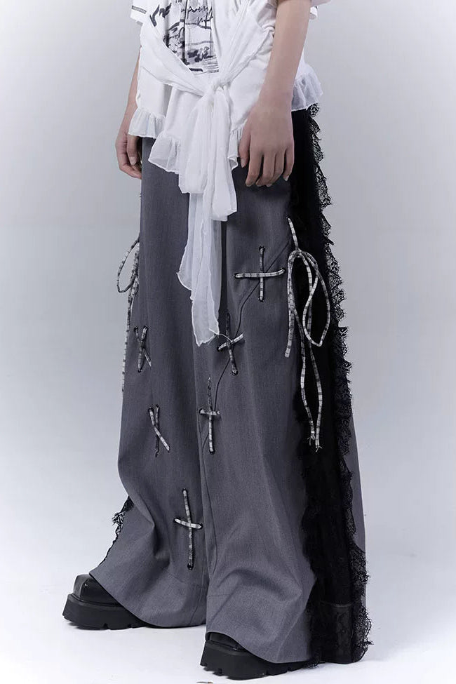 ダークバイカラーシークレットレースパッチワークパンツ