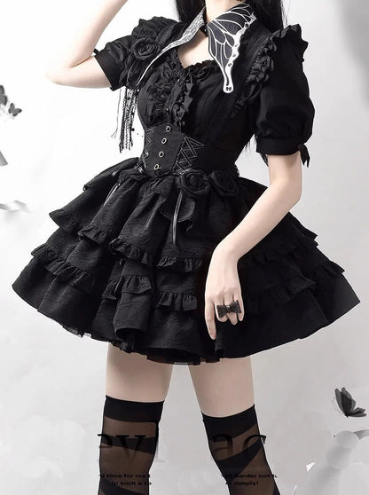 Dark Ruffle Lace-Up Lolita Skirt