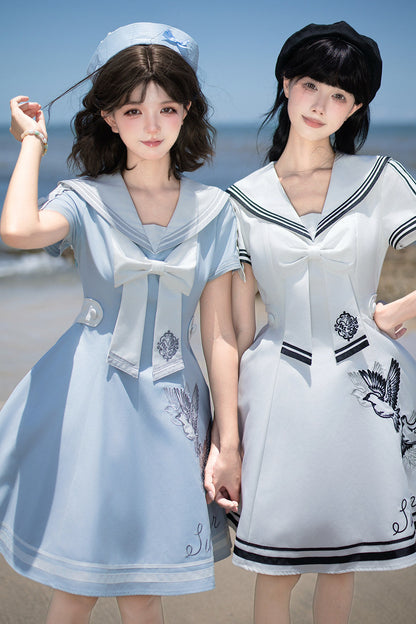 【10月1日予約締切】Blue/White Sailor Collar Bird Embroidery Lolita Bow Dress