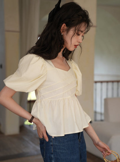 Square color puff sleeve shirt