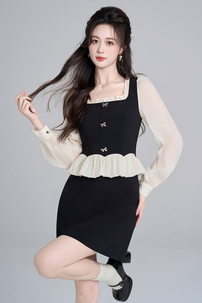 フレンチブラックスクエアネックドレス