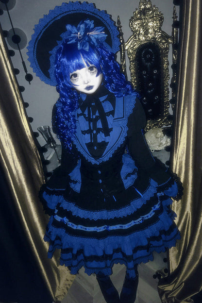 [Vorbestellfrist: 13. Juli] Kleinblaue Gothic-Lolita-Rüschen-Stufenkleid-Komplettset