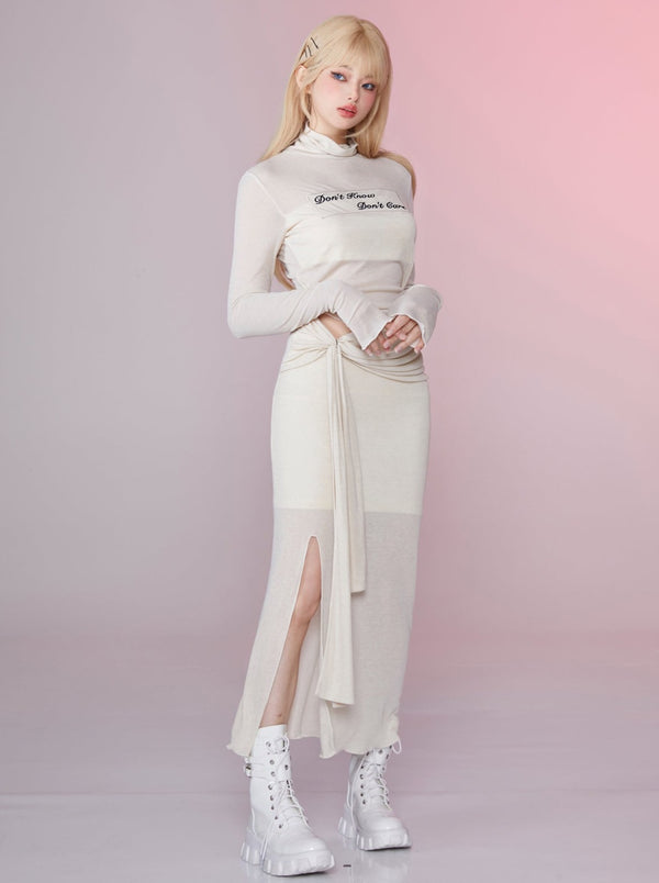 テンセルニットパイルギャザーリボンシアーニットロングワンピース