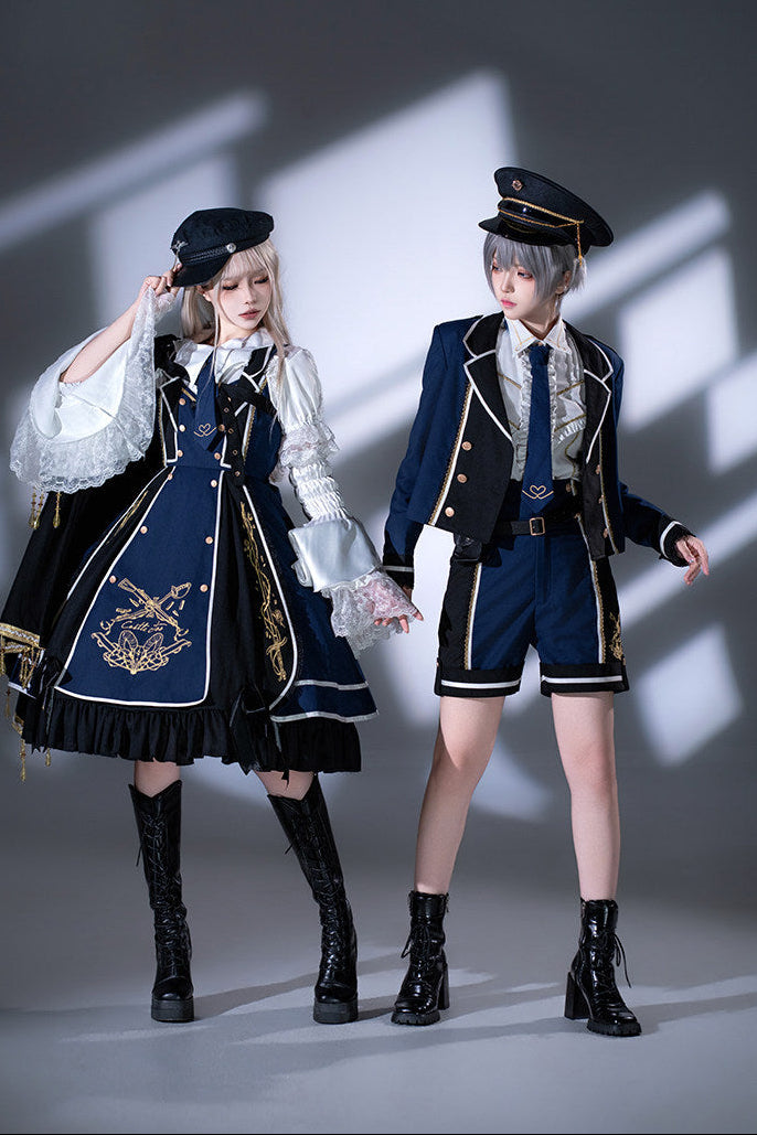 Rot-Schwarz/Blau-Schwarz Dark-Lolita-JKS-Kleid mit goldener Stickerei, Reverskragen, Krawatte und Gürtel mit Hüfttasche