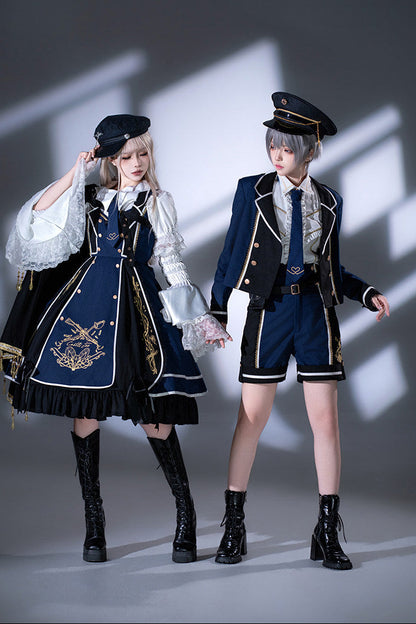 Rot-Schwarz/Blau-Schwarz Dark-Lolita-JKS-Kleid mit goldener Stickerei, Reverskragen, Krawatte und Gürtel mit Hüfttasche