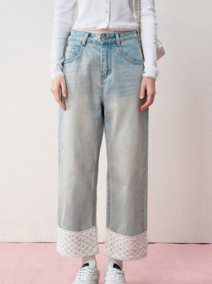 Lace Roll-up Girly Wide Denim Pants
