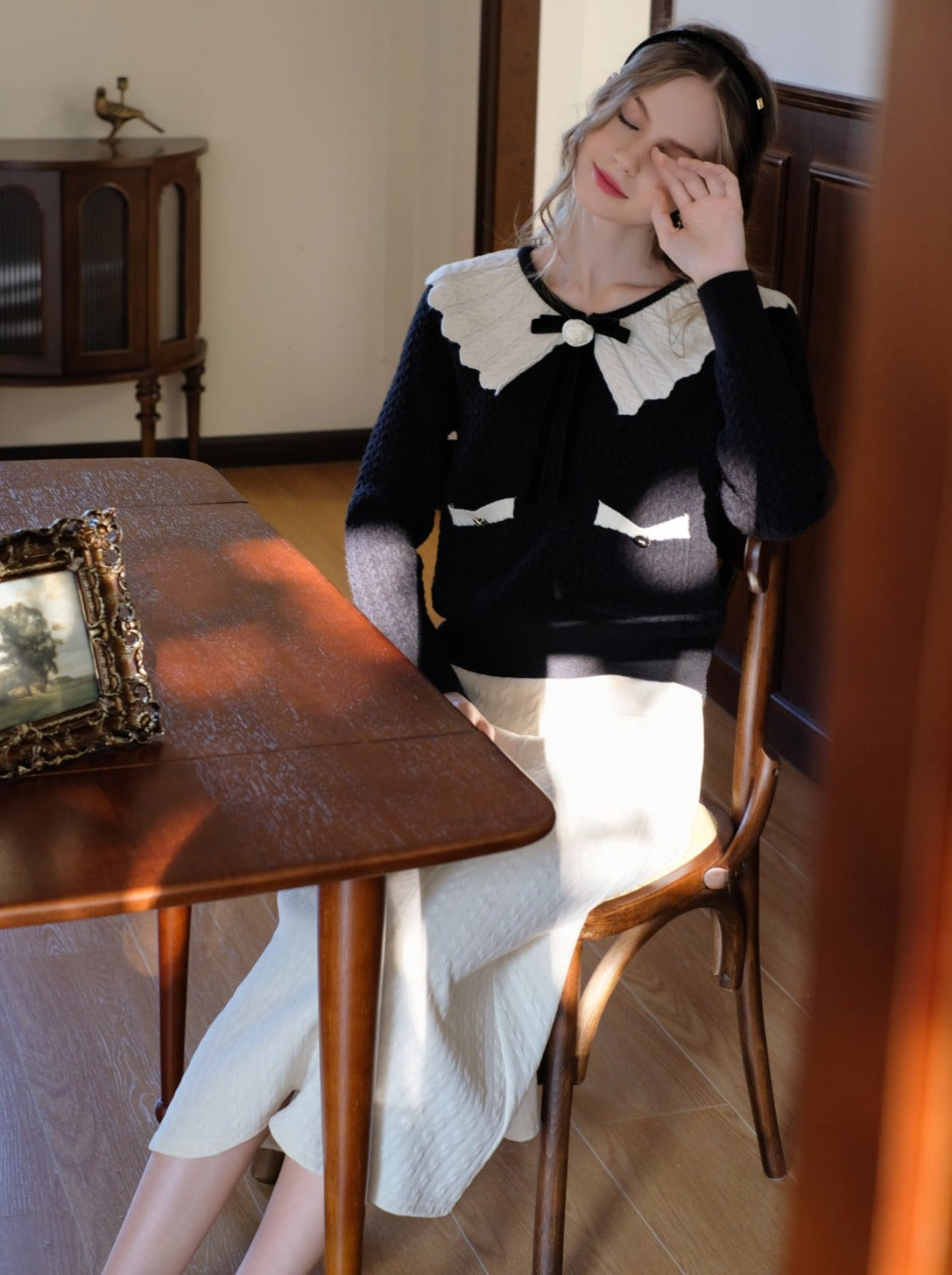 French Color Block Wave Lapel Ribbon Retro Sweater Cardigan