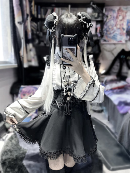 China Buckle Lace Ruffle Bell Sleeve Shirt [Reserved Item].