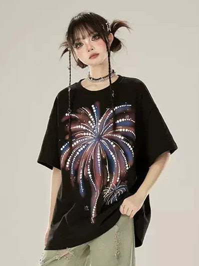 11SH97 Original Black Short Sleeve T-Shirt Women's Spring/Summer New Design Colorful Fireworks Print Loose Base Shirt