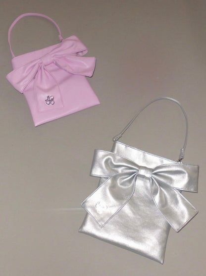 Pink silver ribbon leather handbag