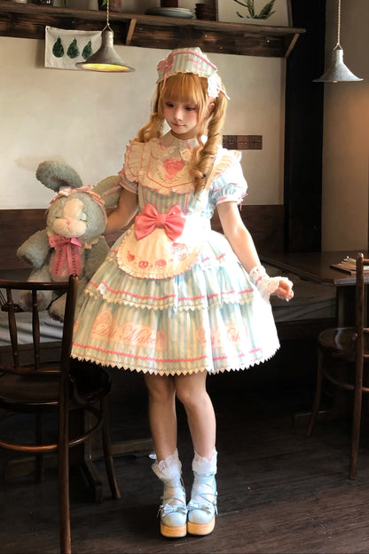 【6月18日予約締切】ピンク/ ブルー/ブラックスイートメイドロリータキャンディストライプティアードドレス＋ドレスセット1/2/3