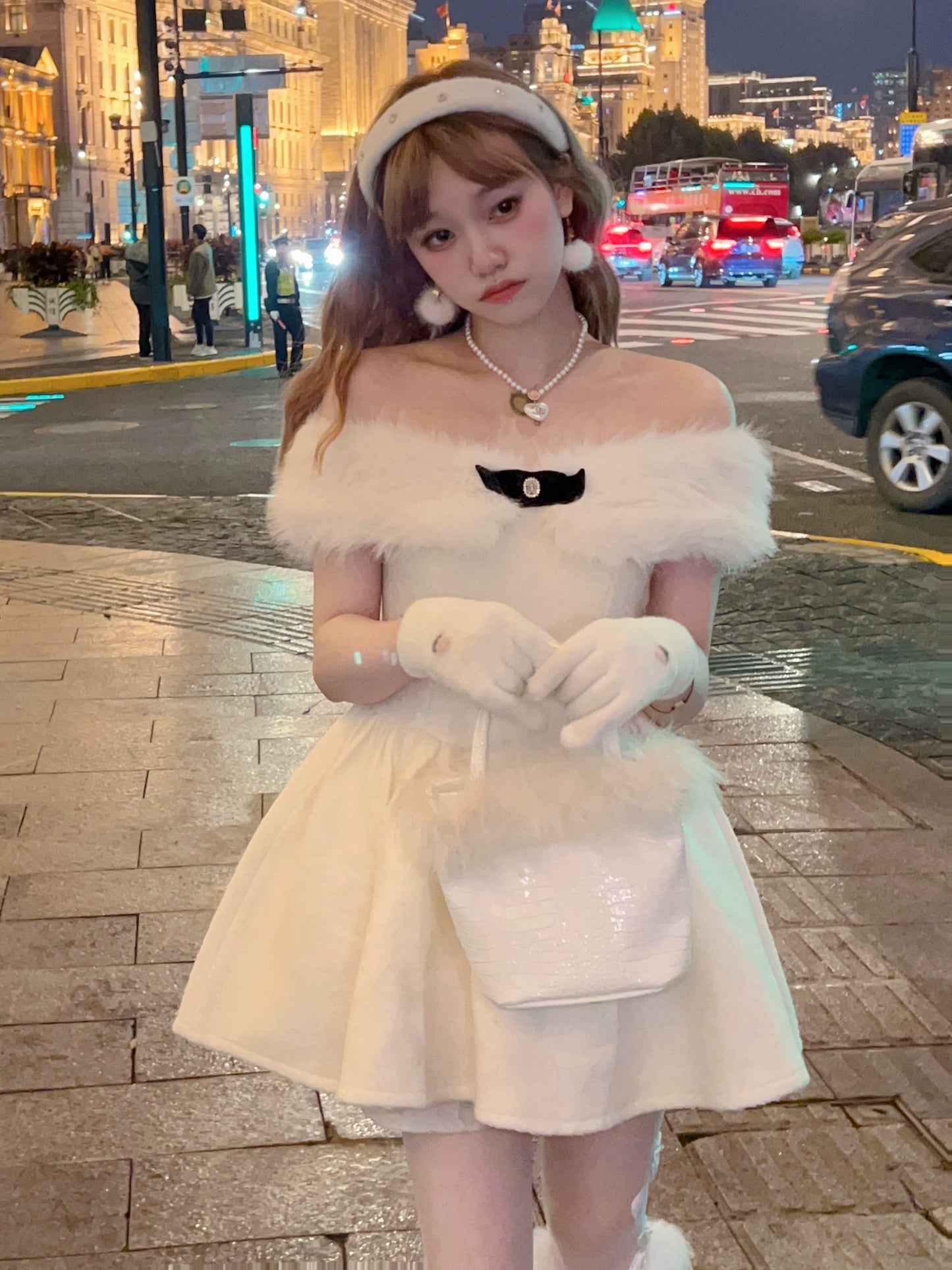 White Fur Off Shoulder Dress