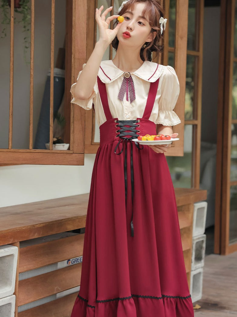 Doll Collar Shirt + Lace-up Suspender Skirt