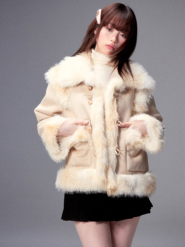Suede Fur Splicing Horn Buckle Coat