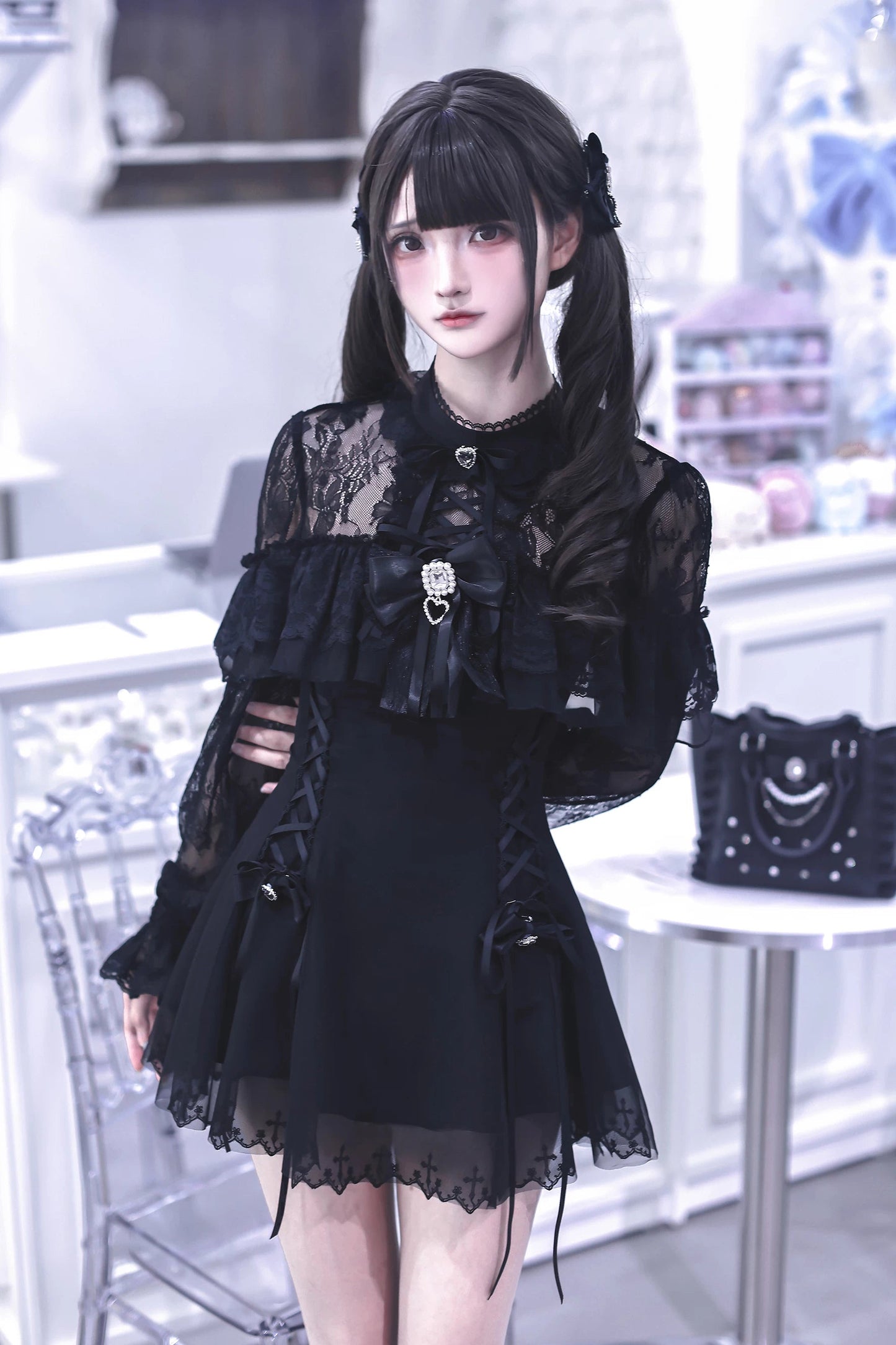 【9月15日予約締切】Black Dark Gothic Sheer Lace Dress Set (Includes Inner Shorts + Rhinestone Bow Tie)