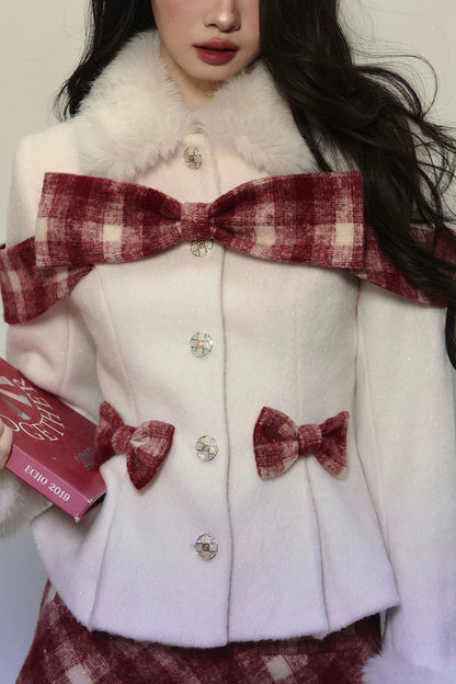 Check Ribbon Coat + Fur Check Skirt