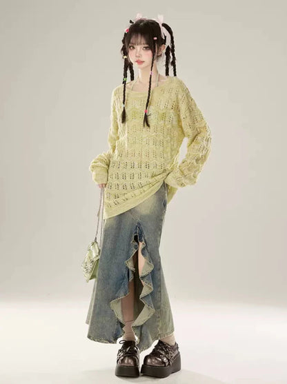 Slit Frill Design Denim Skirt