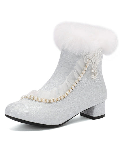 レースファーエレガントショートブーツ