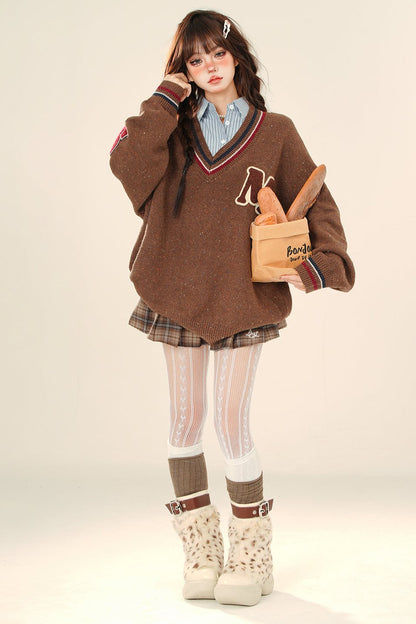 British College Neck Knit Sweater