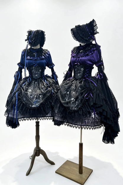 【11月25日予約締切】Gothic Lolita Frill Lace Puff Sleeve Satin Shirt + Skeleton Lace Layered Corset Skirt + Detachable Bell Sleeves + Bonnet Set