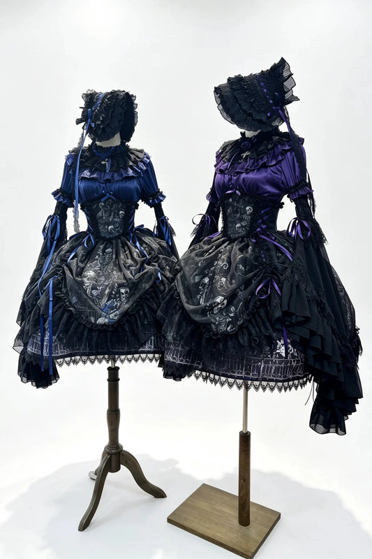 【11月25日予約締切】Gothic Lolita Frill Lace Puff Sleeve Satin Shirt + Skeleton Lace Layered Corset Skirt + Detachable Bell Sleeves + Bonnet Set