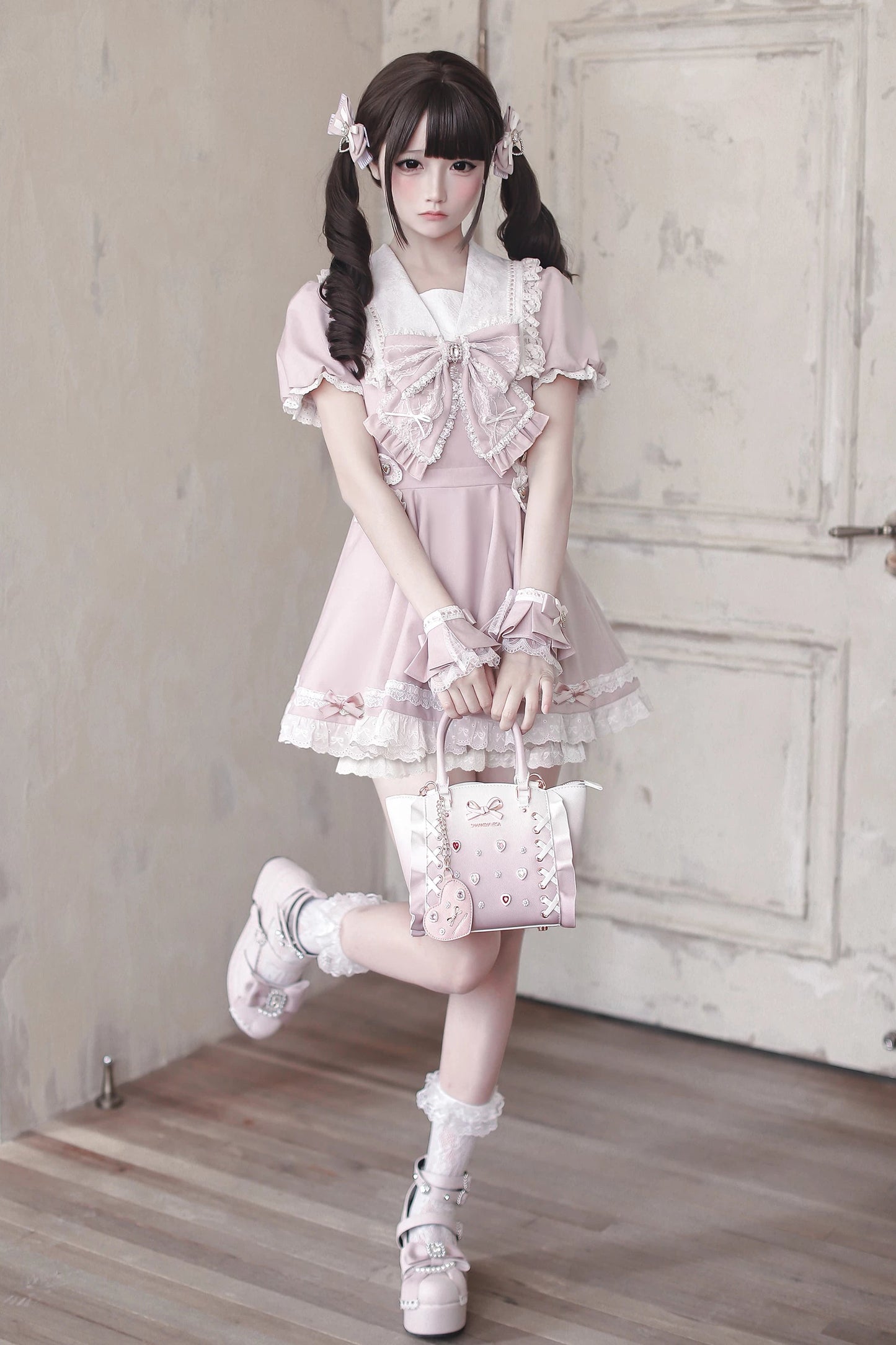 [Pre-order Deadline: April 15] Sailor Collar Pink Lace Jewel Ribbon Dress + Accessories