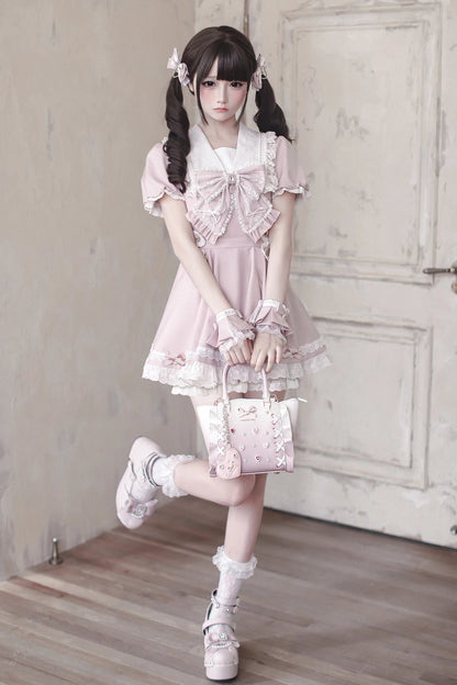 [Pre-order Deadline: April 15] Sailor Collar Pink Lace Jewel Ribbon Dress + Accessories