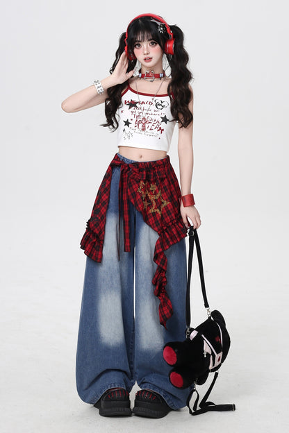 ストリートルーズデニムパンツ+チェック柄レース