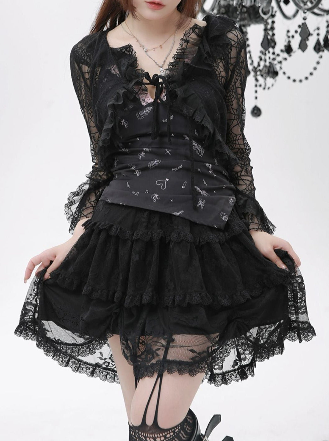 Dark Gothic Black Lace Tiered Skirt