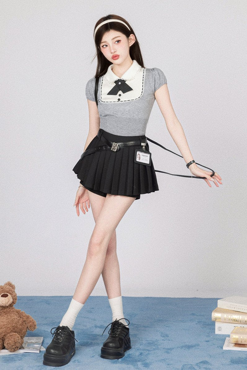 Sweetheart School Girl Knit Top + Short Skirt