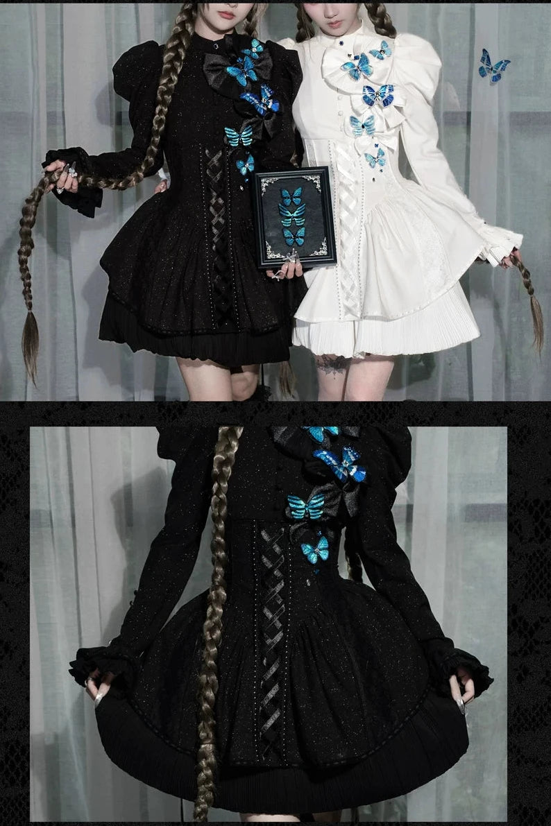 [Reservierungsschluss 14. Oktober] Schwarz-weißes Gothic-Lolita-Minikleid mit Schmetterlingsschleife, Bandkragen und Schnürung am Rücken