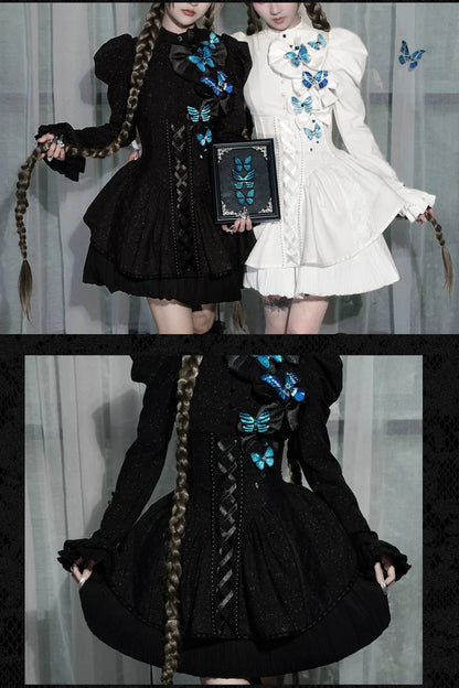 [Reservierungsschluss 14. Oktober] Schwarz-weißes Gothic-Lolita-Minikleid mit Schmetterlingsschleife, Bandkragen und Schnürung am Rücken
