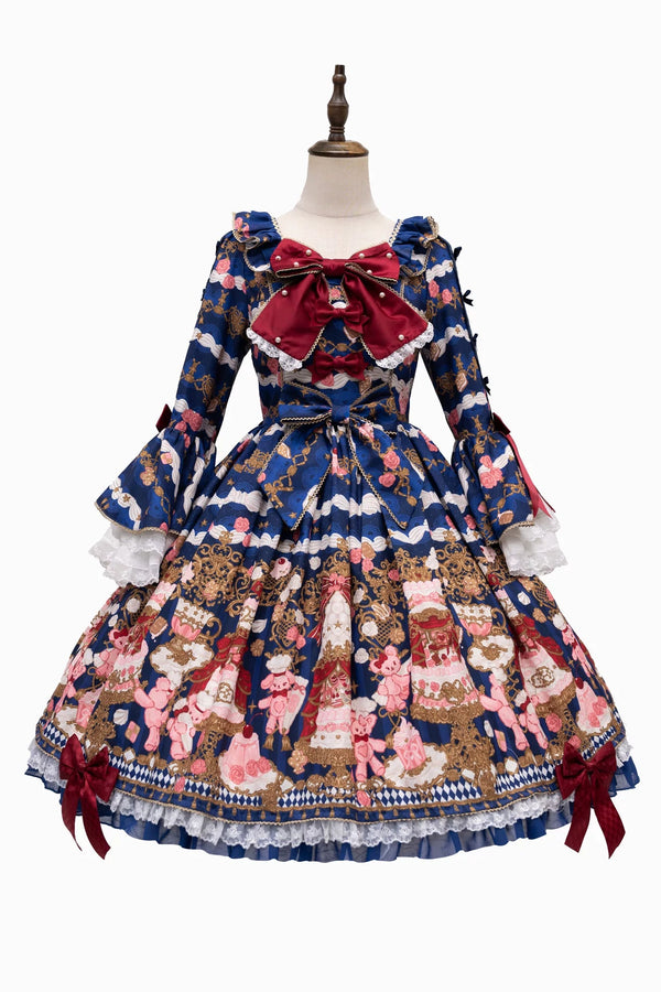 【4月26日予約締切】レトロロマンスイートロリータリボンケーキプリントゴージャス姫袖ドレス