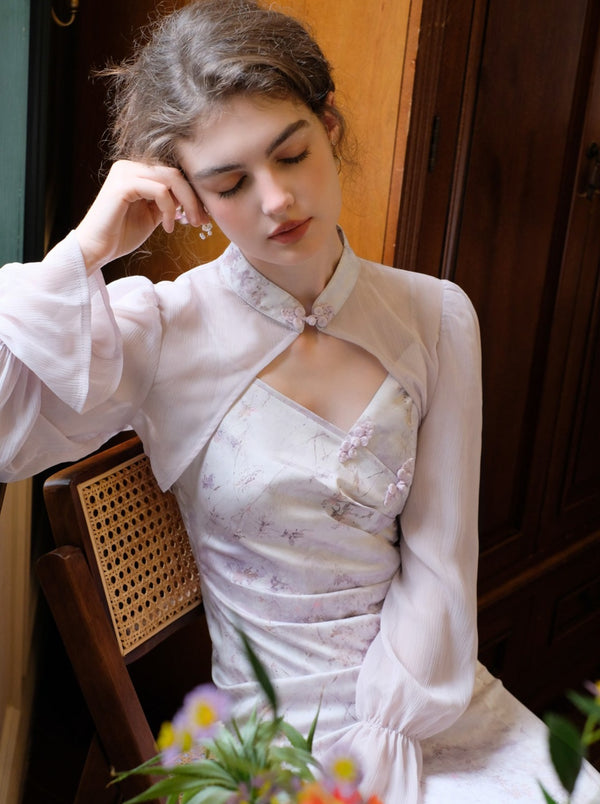Purple Retro Flower China Dress + Sheer Cardigan
