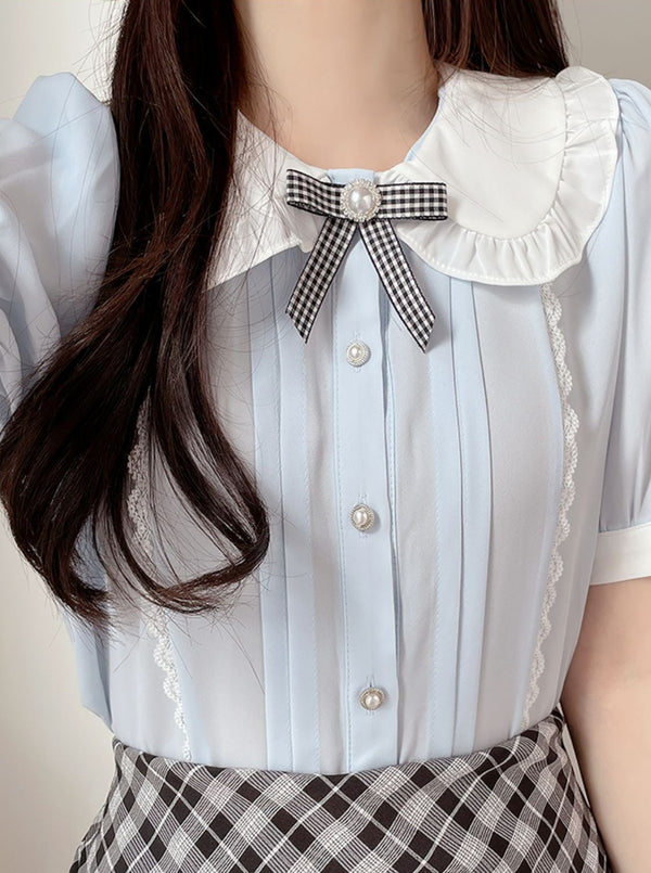 レースカラーパールリボンブラウス