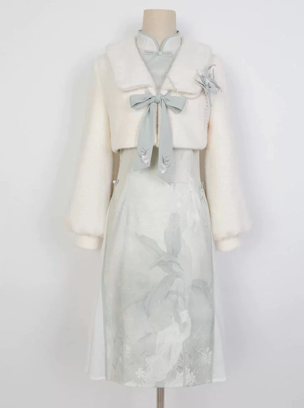 Retro Chinese Dress + Ribbon Short Fur Coat