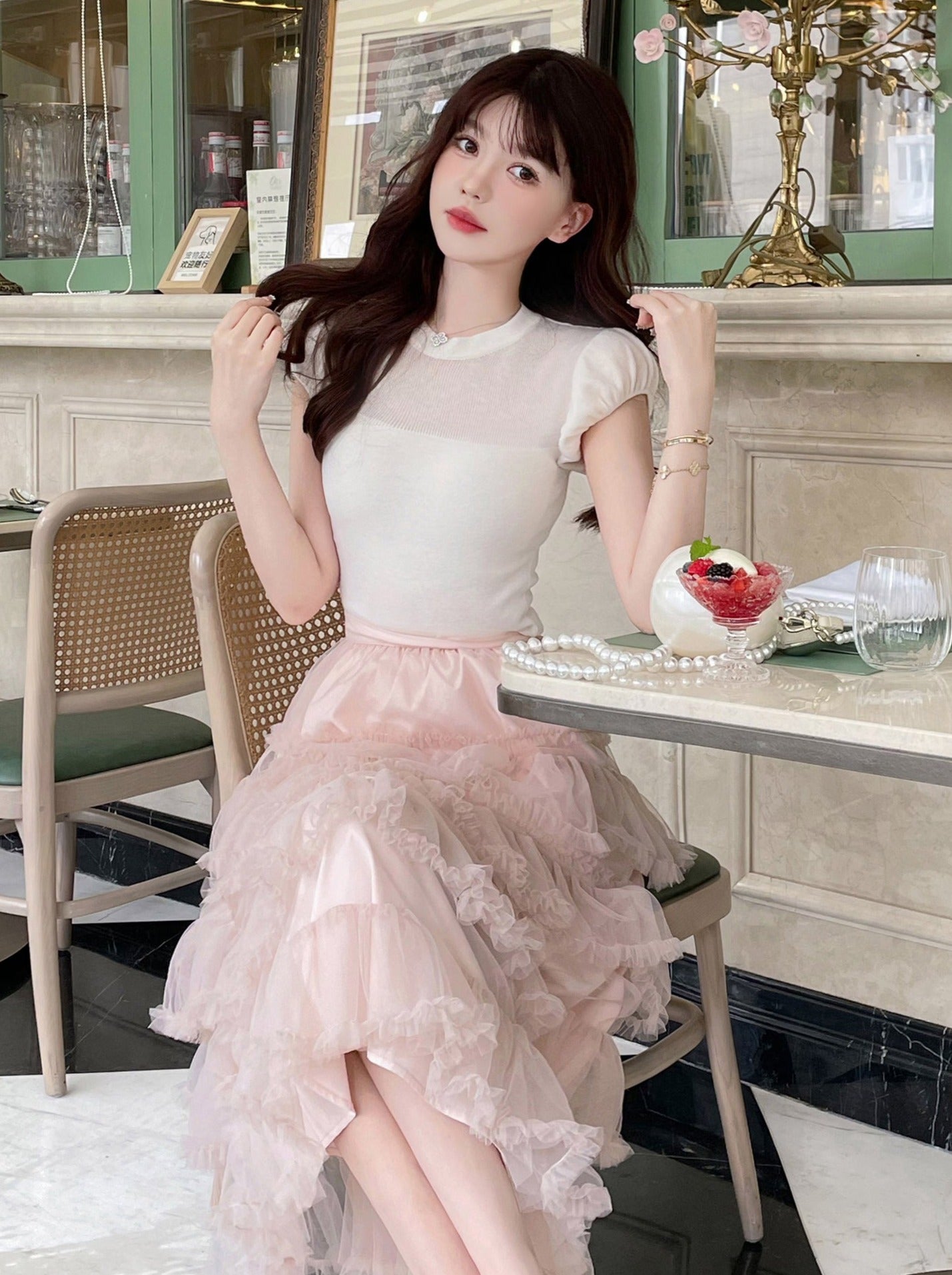 Sweet Puff Sleeve Top + Tight Skirt