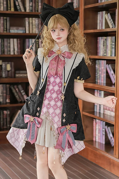 【10月13日予約締切】Magic Academy Starry Diamond Pendant Bow Lolita Dress + Black Lace Trim Bow Puff Sleeve Jacket + Detachable Star Embroidery Ribbon Frill Collar + Full Set