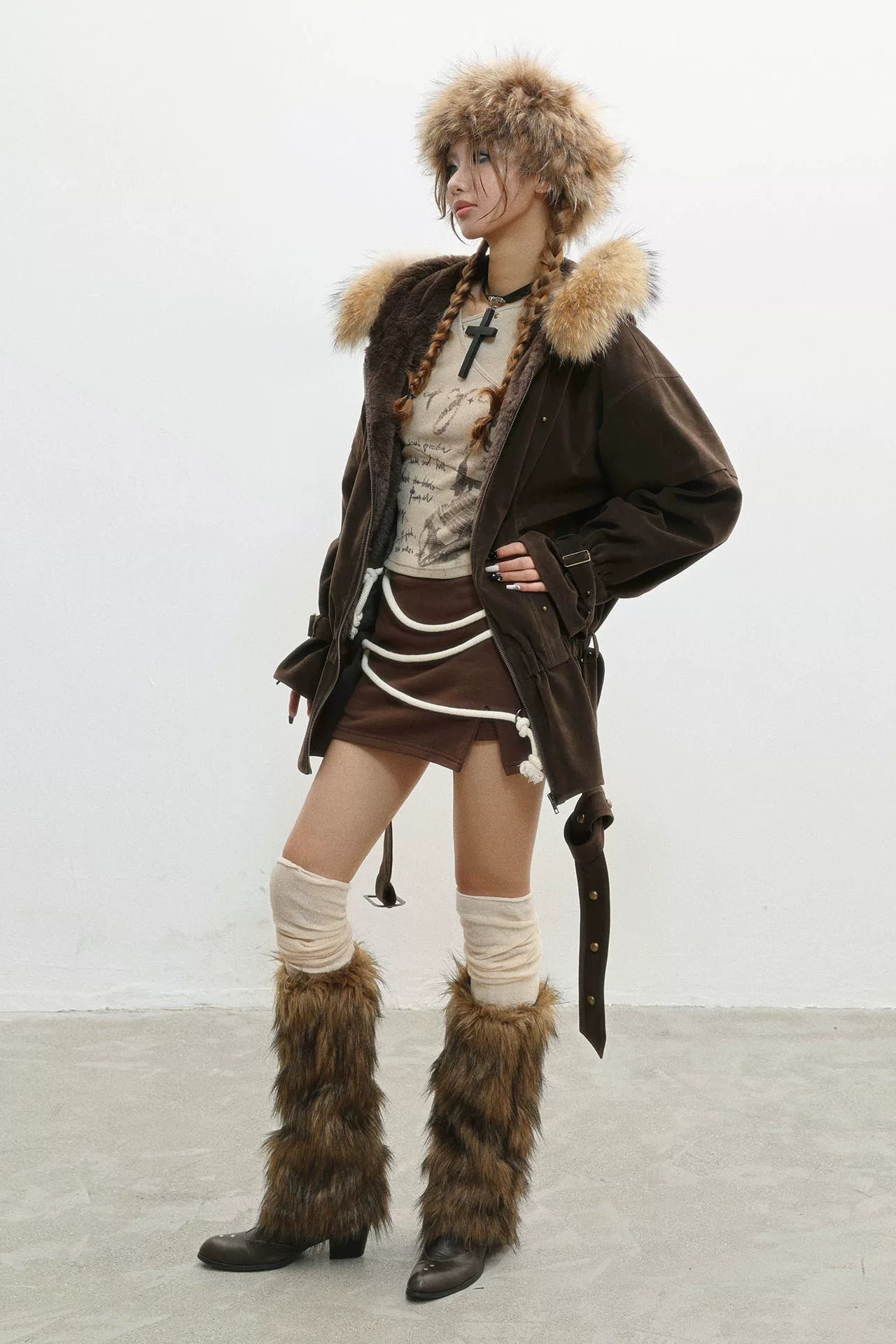 フレンチレトロベルベットファーフードジャケット