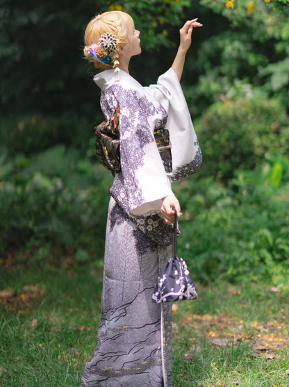 Retro chic asymmetric Japanese pattern kimono 9-piece set 