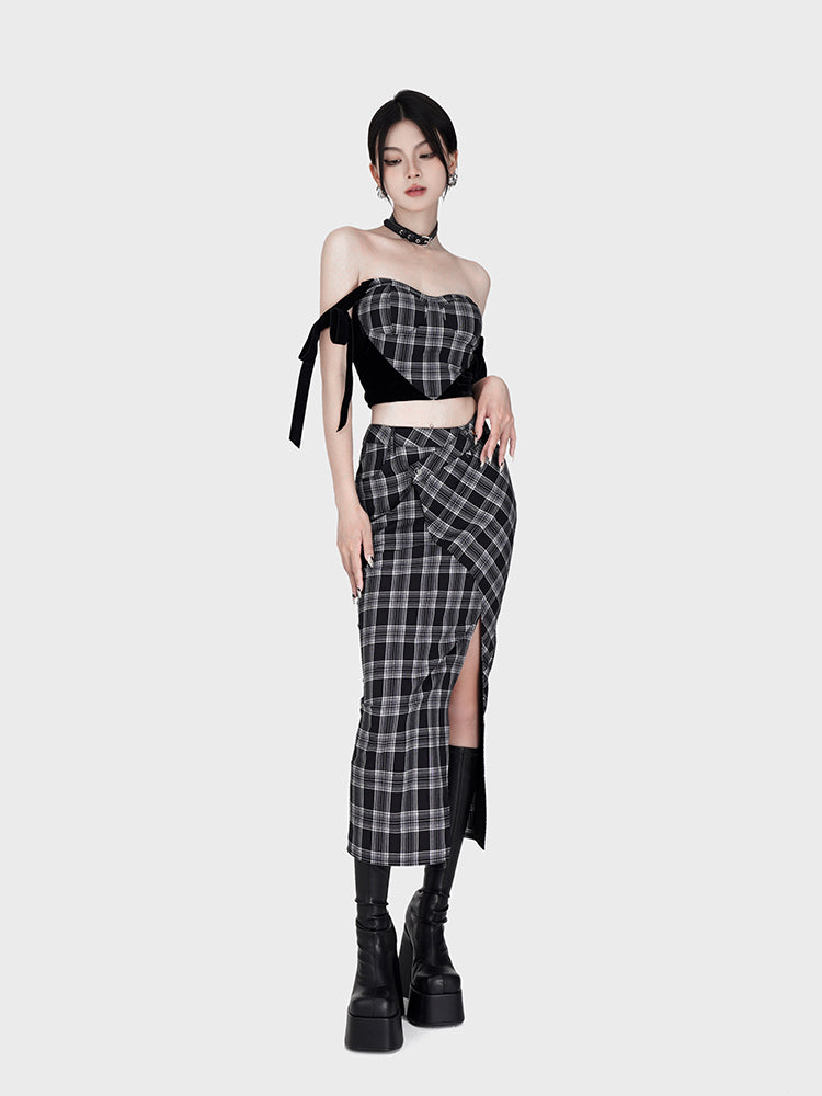 Y2K Dark Check Design Waist Split Skirt