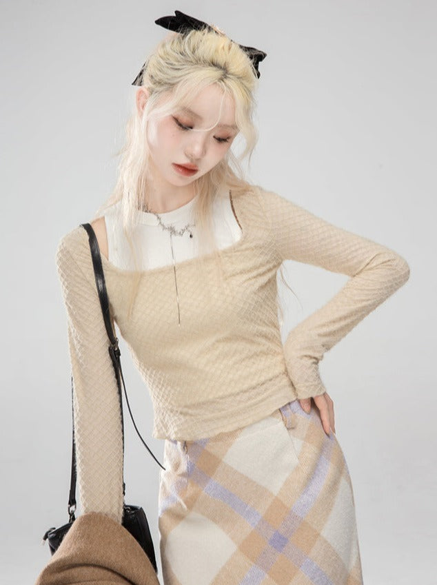 Milk Tea Waffle Two Piece Short Slim Fit Square Neck Sweater