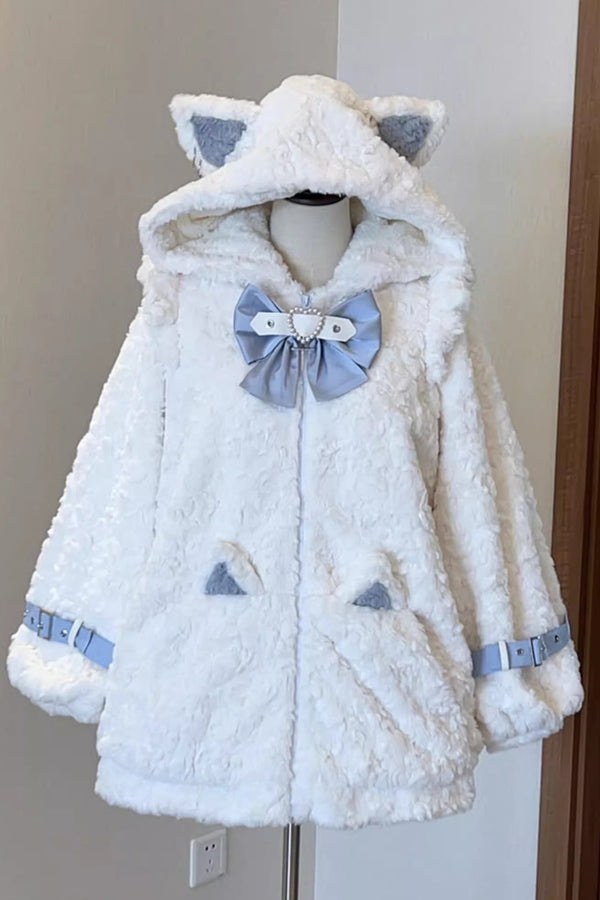 【予約商品】猫耳フーディークロスリボンジップファーコート