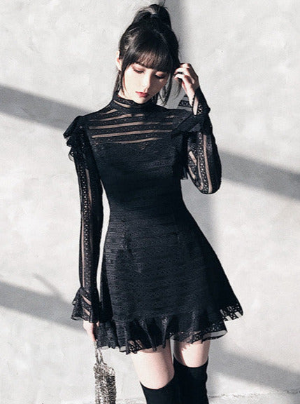 Stand Collar Sheer Black Dropped Sleeve Lace Dress