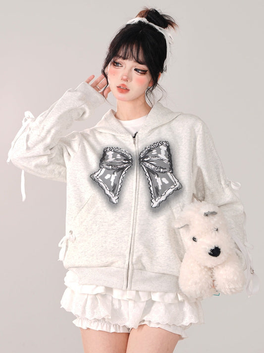 Kellykitty Ballet Diary Off-White Bow Print New American Cocked Hooded Sweatshirt Jacket