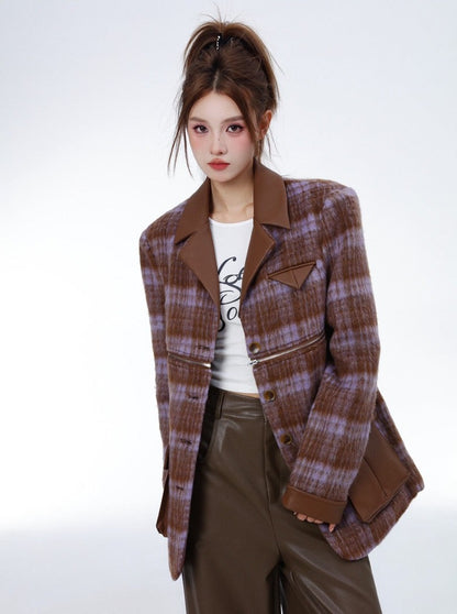 Retro 2wey high end coat wool check coat jacket