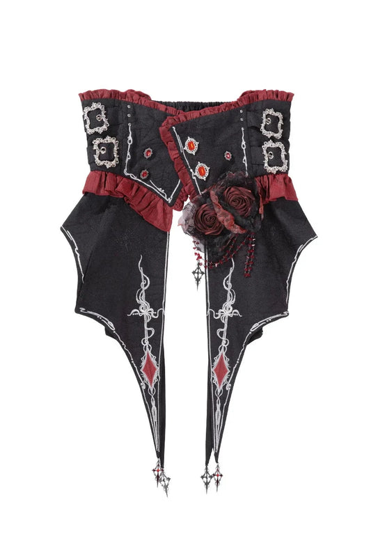 【10月8日予約締切】Ouji Fashion Black Red Gothic Prince Lolita Jewel Chain Ruffle Jabot Shirt + Rose Accessory Gothic Embroidered Corset Belt + Black Wide-Leg Pants + Rose Beaded One-Shoulder Cape
