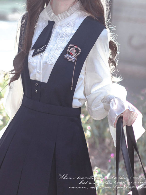 カレッジスタイルレトロエレガントフリルシフォンブラウス＋シアンドレス＋ベレー帽＋エンブレム＋ネクタイ