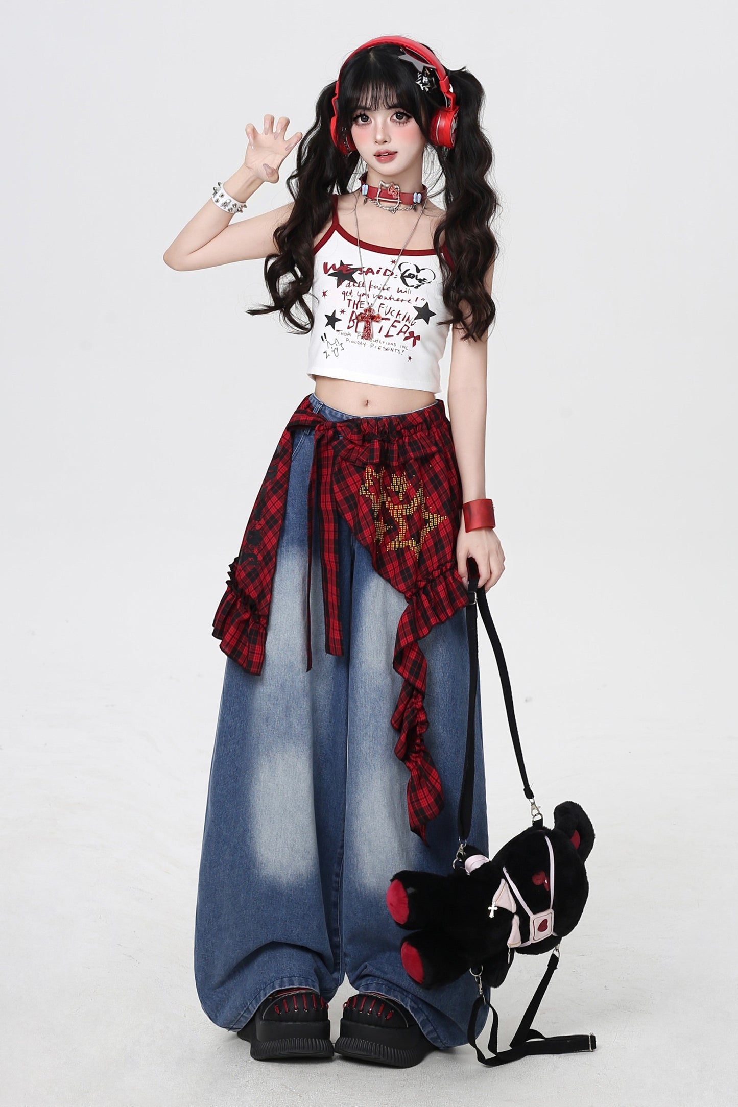 ストリートルーズデニムパンツ+チェック柄レース